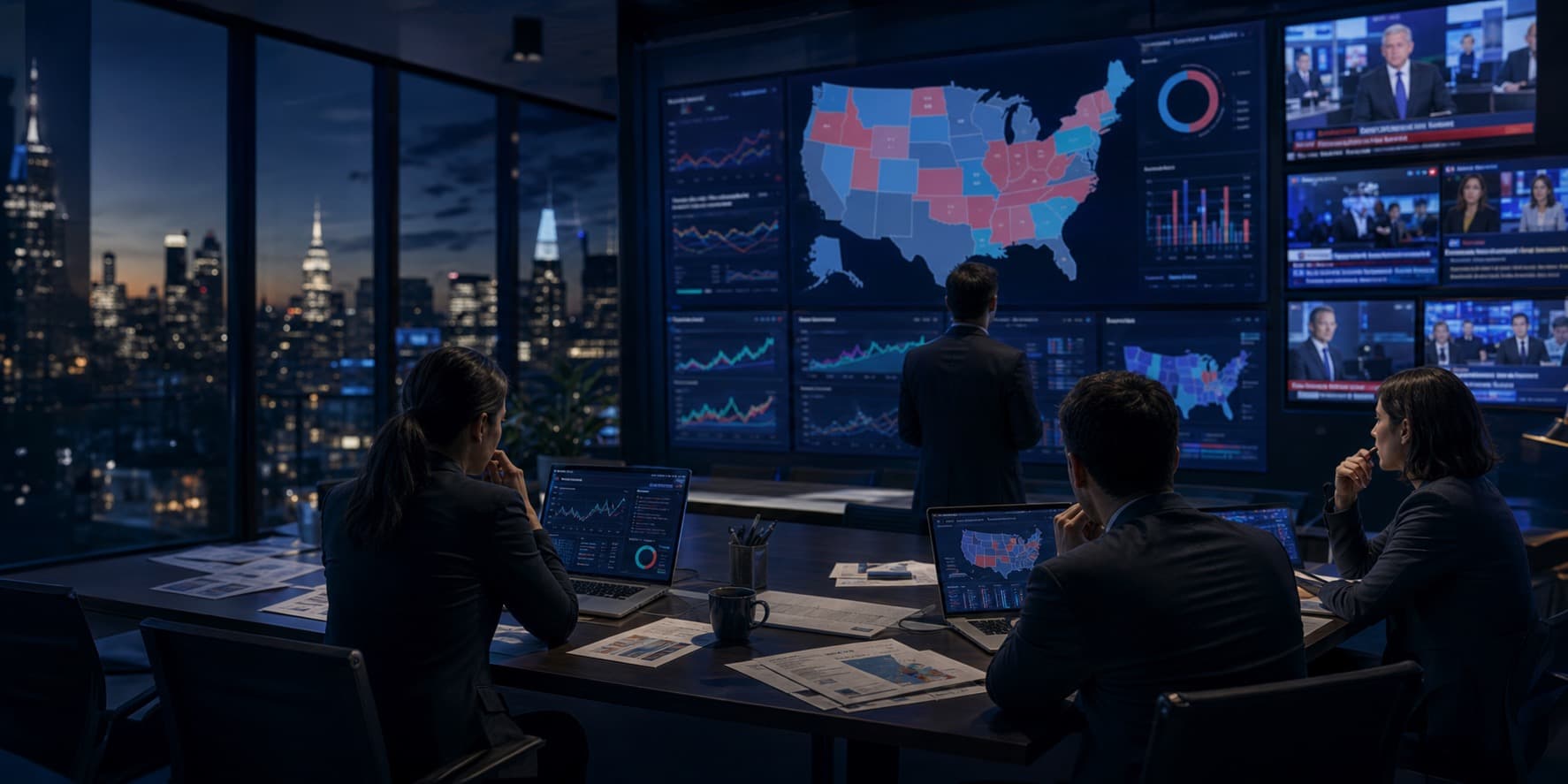 Election newsroom analytics wall with campaign reporting screens